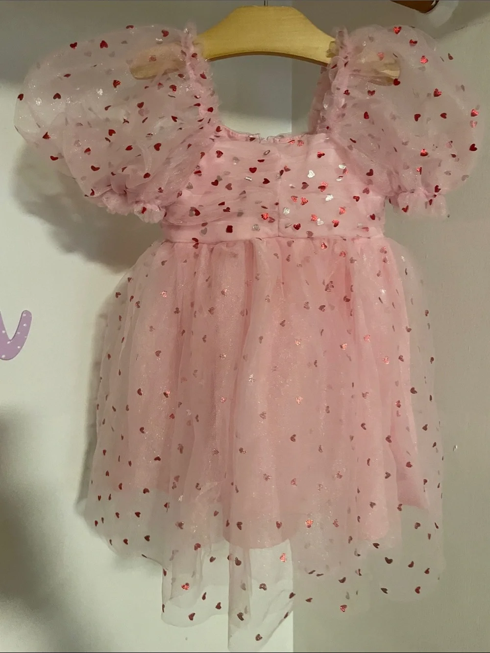 Jessica Simpson Pink Tulle Heart Print Puff Sleeve Party Dress